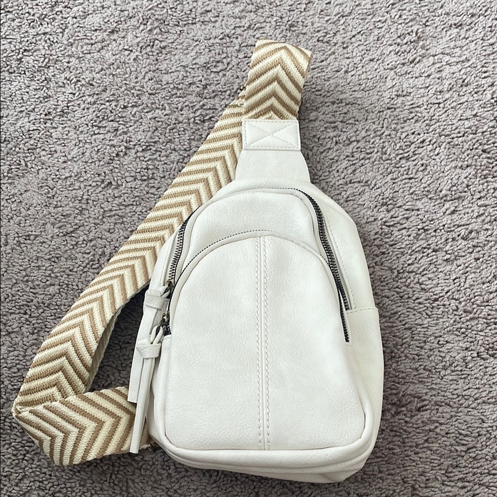 Tan and White Chevron Belt Bag with Modern Design